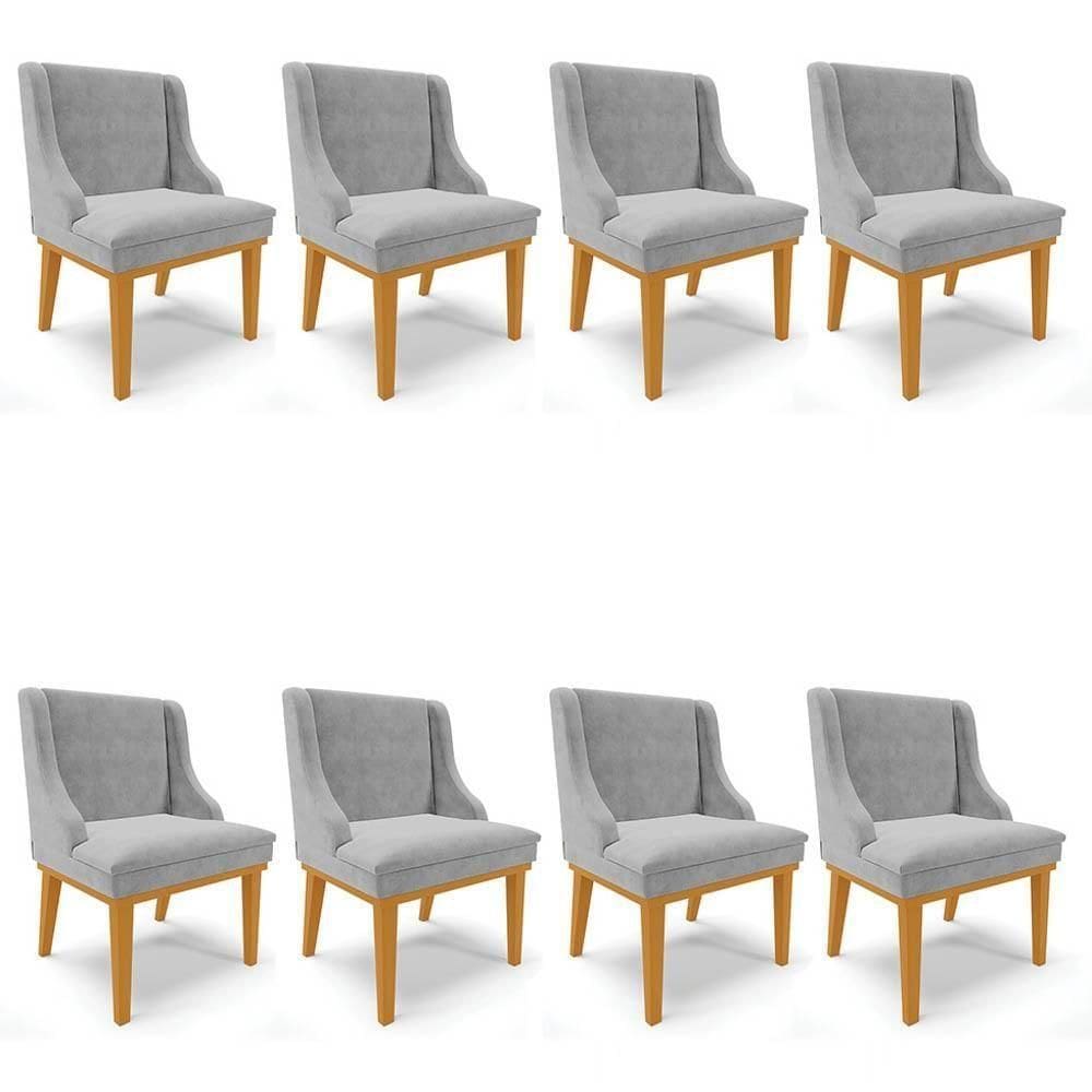 Kit 8 Cadeiras Estofadas Para Sala De Jantar Base Fixa De Madeira Castanho Lia Suede Cinza - Ibiza