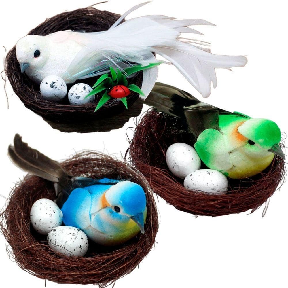 Kit 24 Decoração Pássaros Ovos Ninho Artesanal Enfeite 15cm