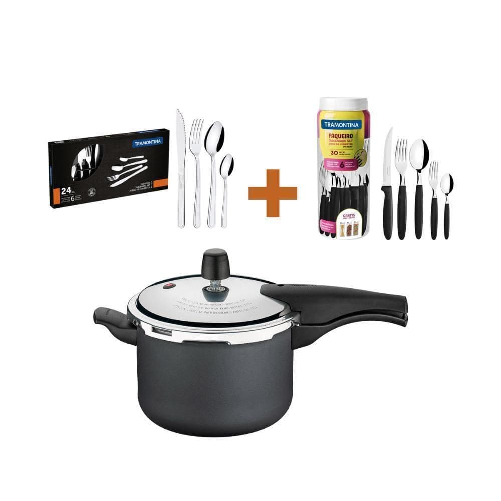 Panela Pressão 4,5L Grafite + Faq Preto 30Pç + Faq Inox 24Pç