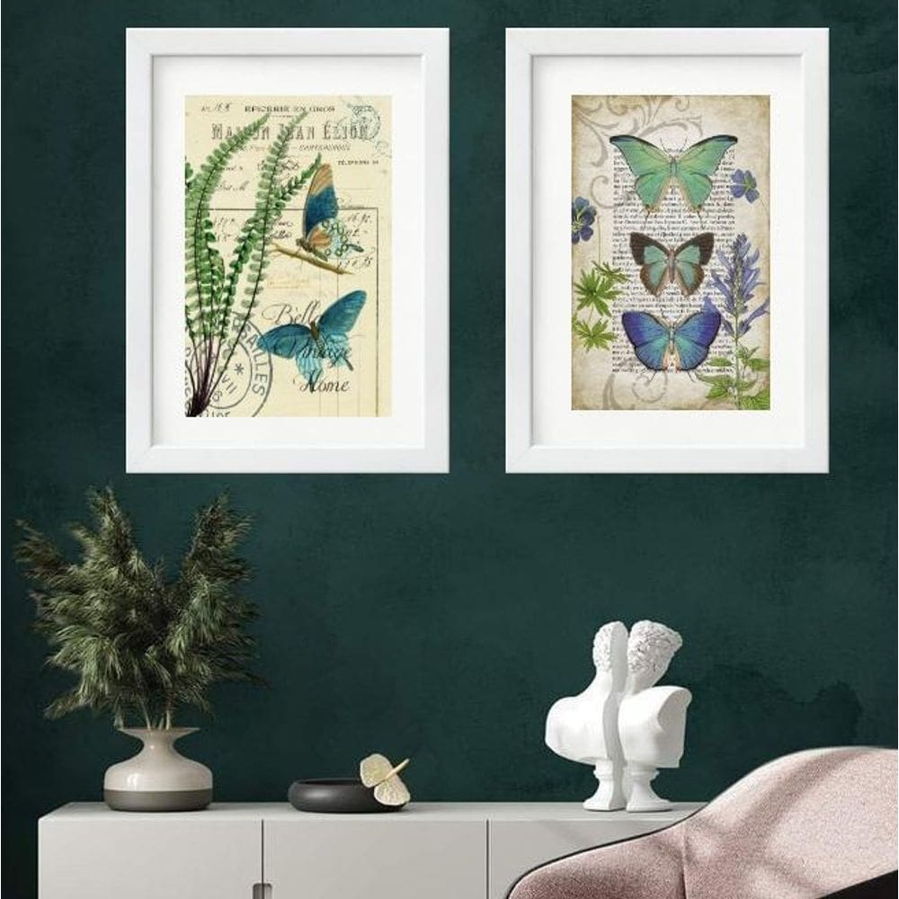 Kit 2 Quadros Borboletas Azul E Verde - 60X48Cm