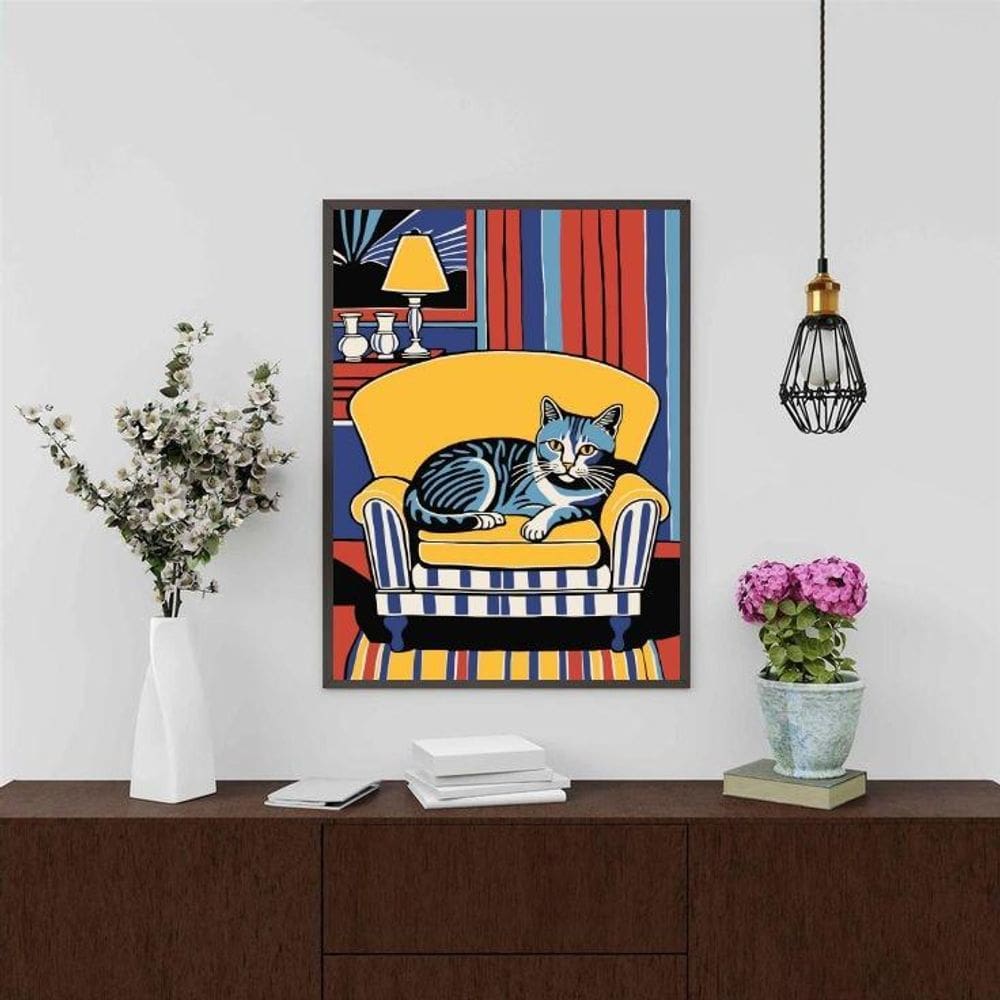 Quadro Decorativo Gato Na Sala 33X24Cm - Com Vidro