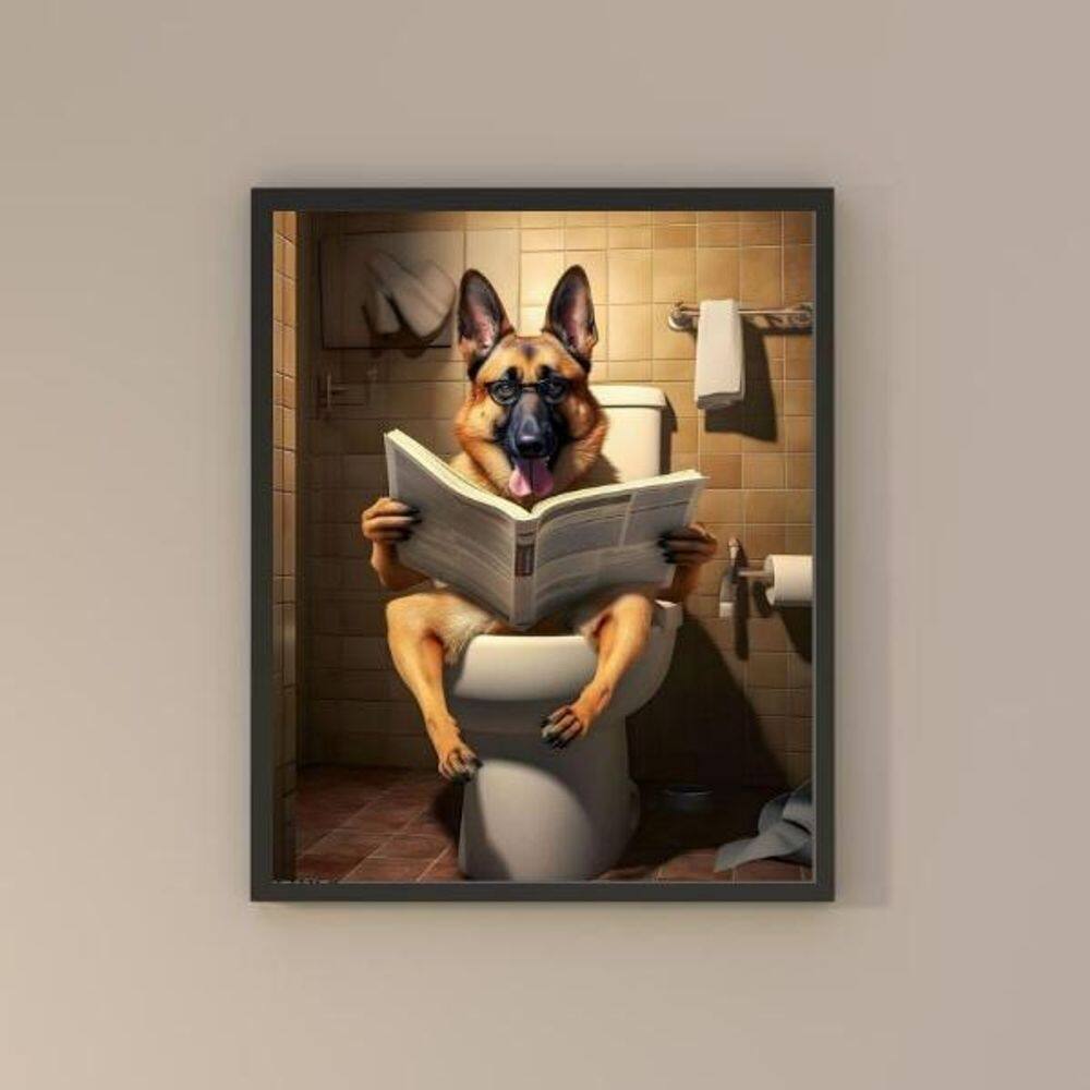 Quadro Banheiro Pastor Alemão Lendo Jornal 24X18Cm