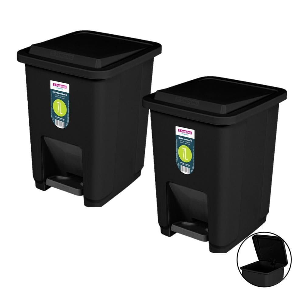 Kit 2 Lixeira Plástica 7 Litros Com Pedal Cesto De Lixo Preto Banheiro Cozinha - SR2207/20 Sanremo