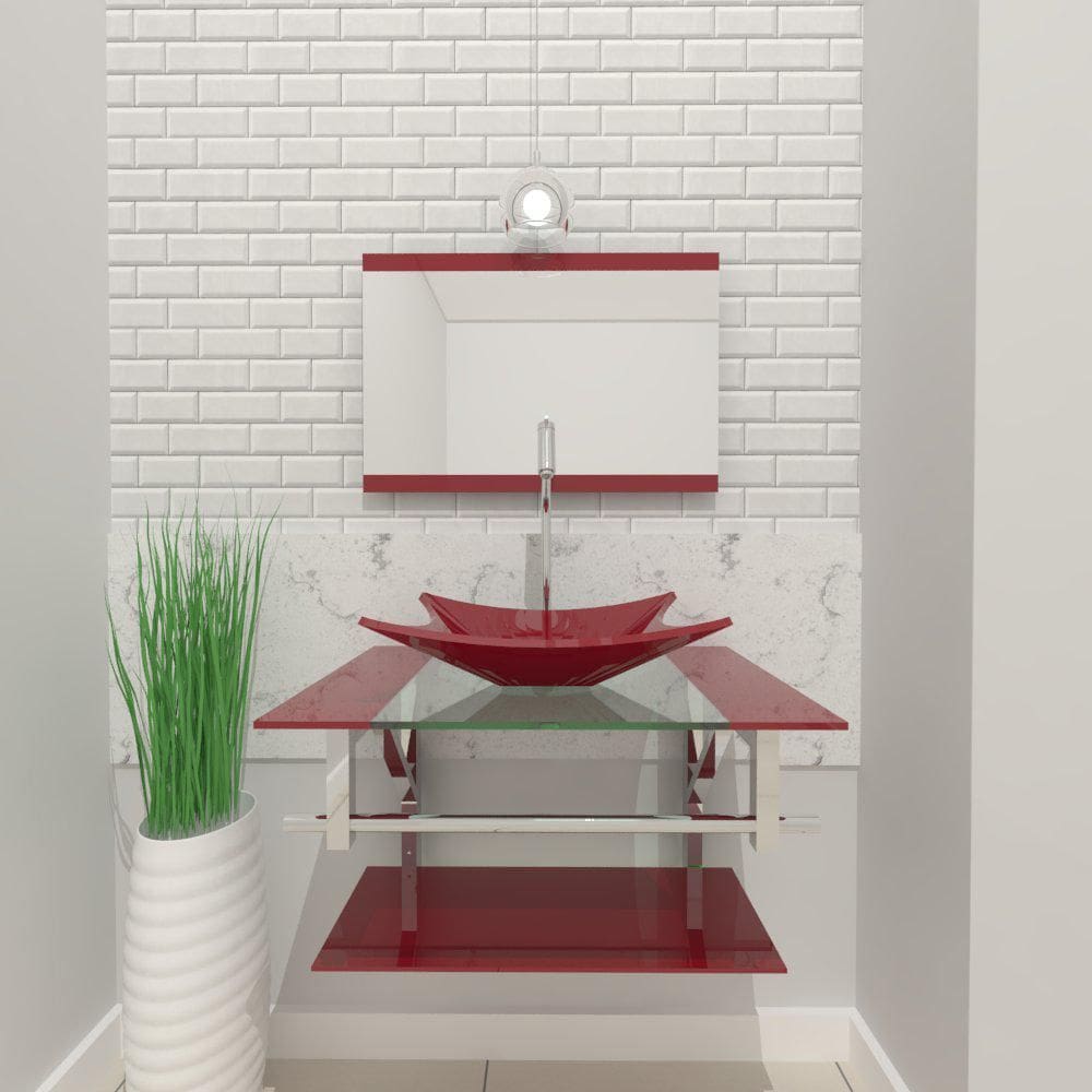 Gabinete De Vidro 60Cm Inox Cuba Retangular Vermelho Cereja