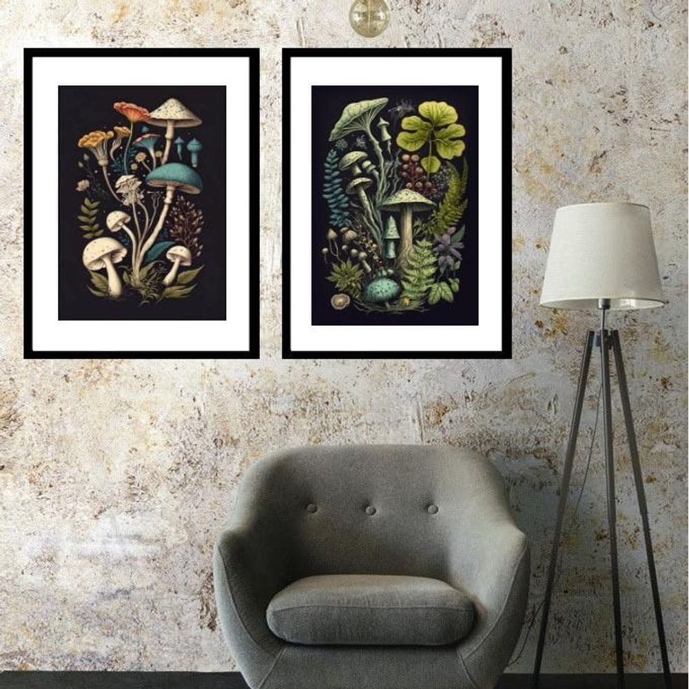 Kit 2 Quadros Grandes Cogumelos - 60X48Cm