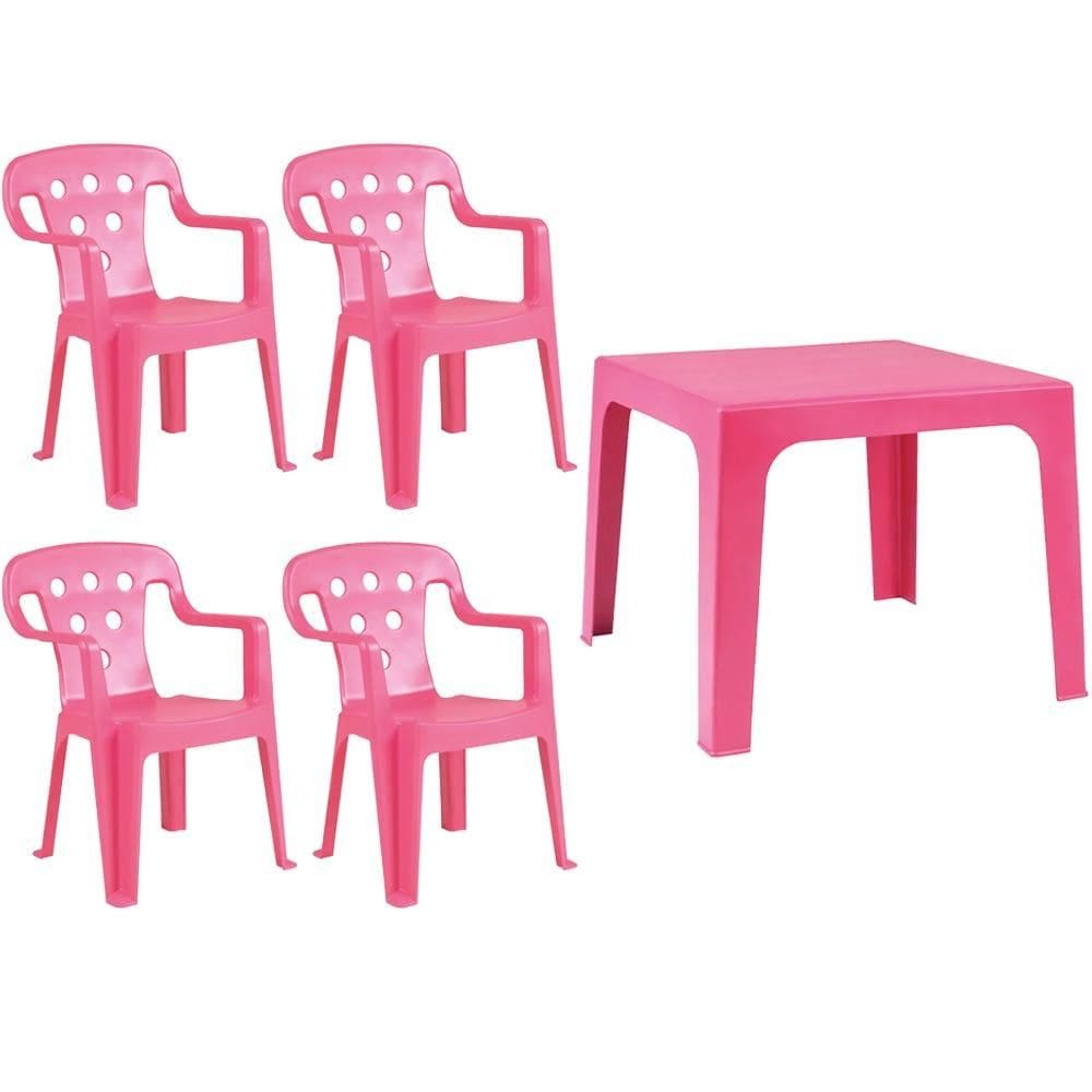 Kit Quatro Cadeiras Plásticas com Mesa Infantil Rosa MOR