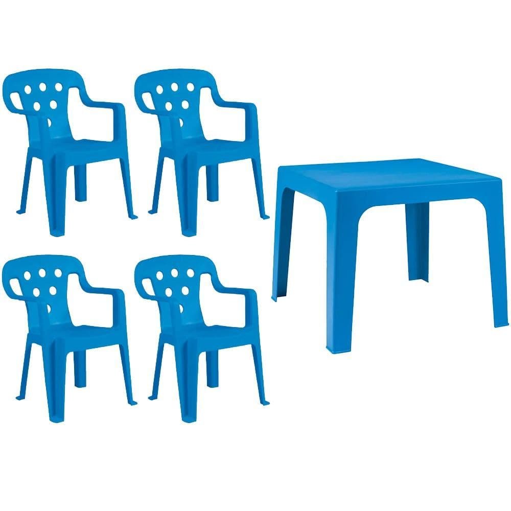 Kit Quatro Cadeiras Plásticas com Mesa Infantil Azul MOR
