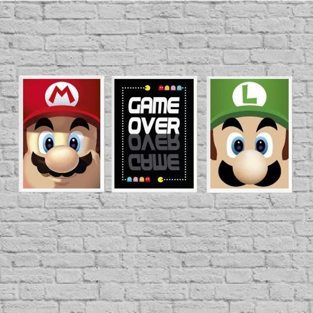 Kit 3 Quadros Vídeo Game Personagens 33X24Cm - Com Vidro
