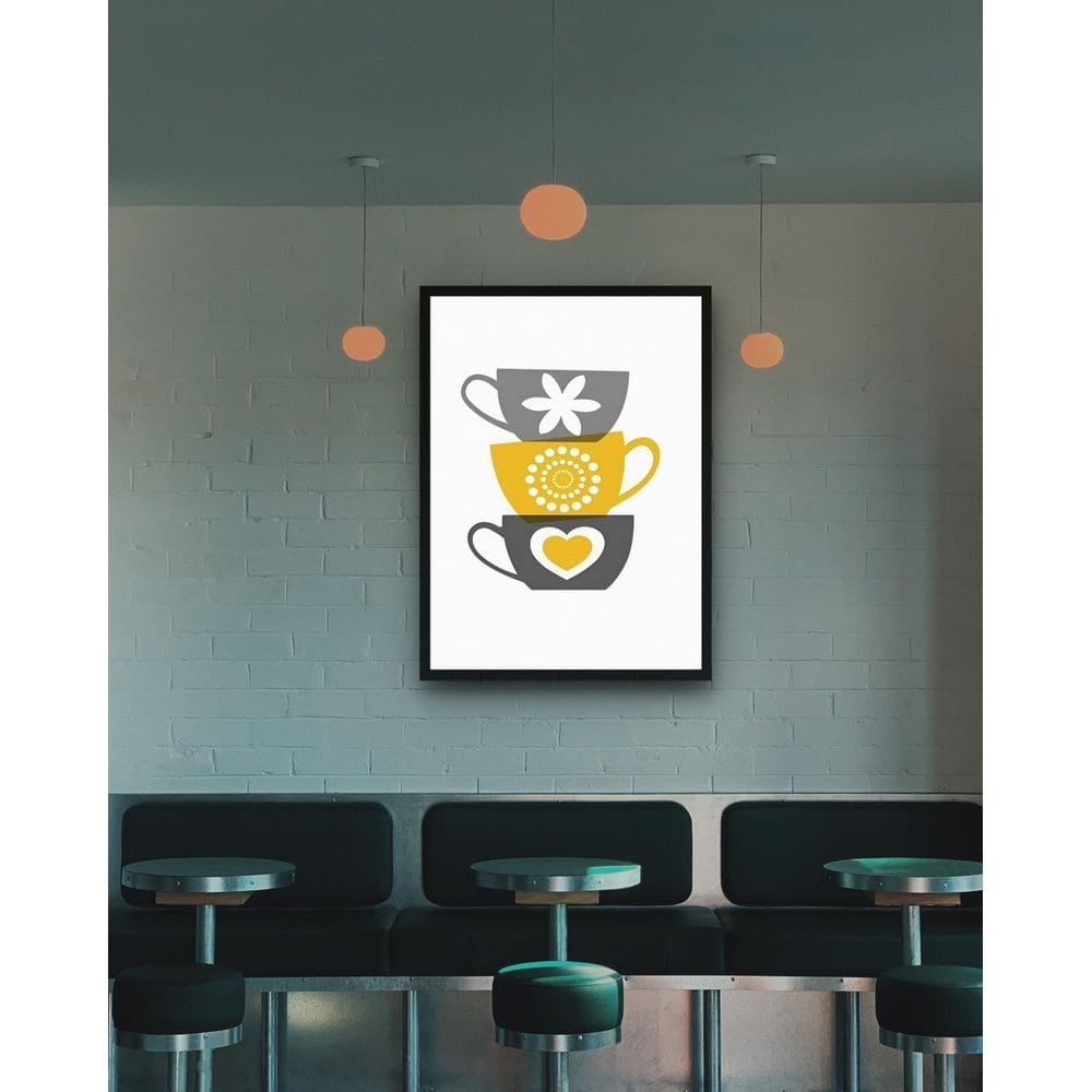 Quadro Decorativo Xícaras Trio Cinza Amarelo - 70X50Cm