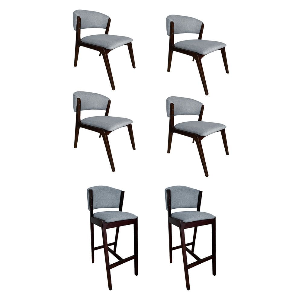 Kit 4 Cadeiras Kethellen Premium com 2 Banquetas Ana em Madeira Maciça Castanho Linho Cinza
