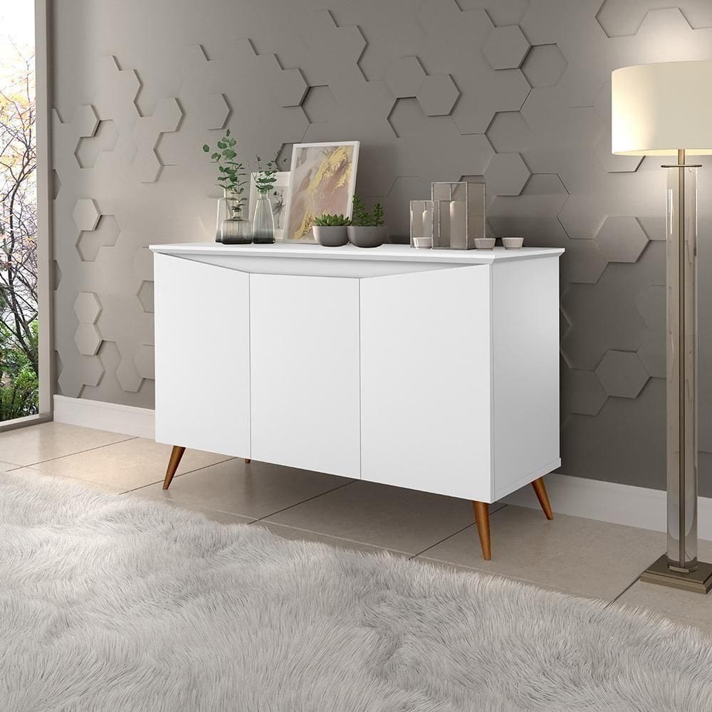 Aparador Buffet 3 Portas Retrô Com Pés De Madeira Branco