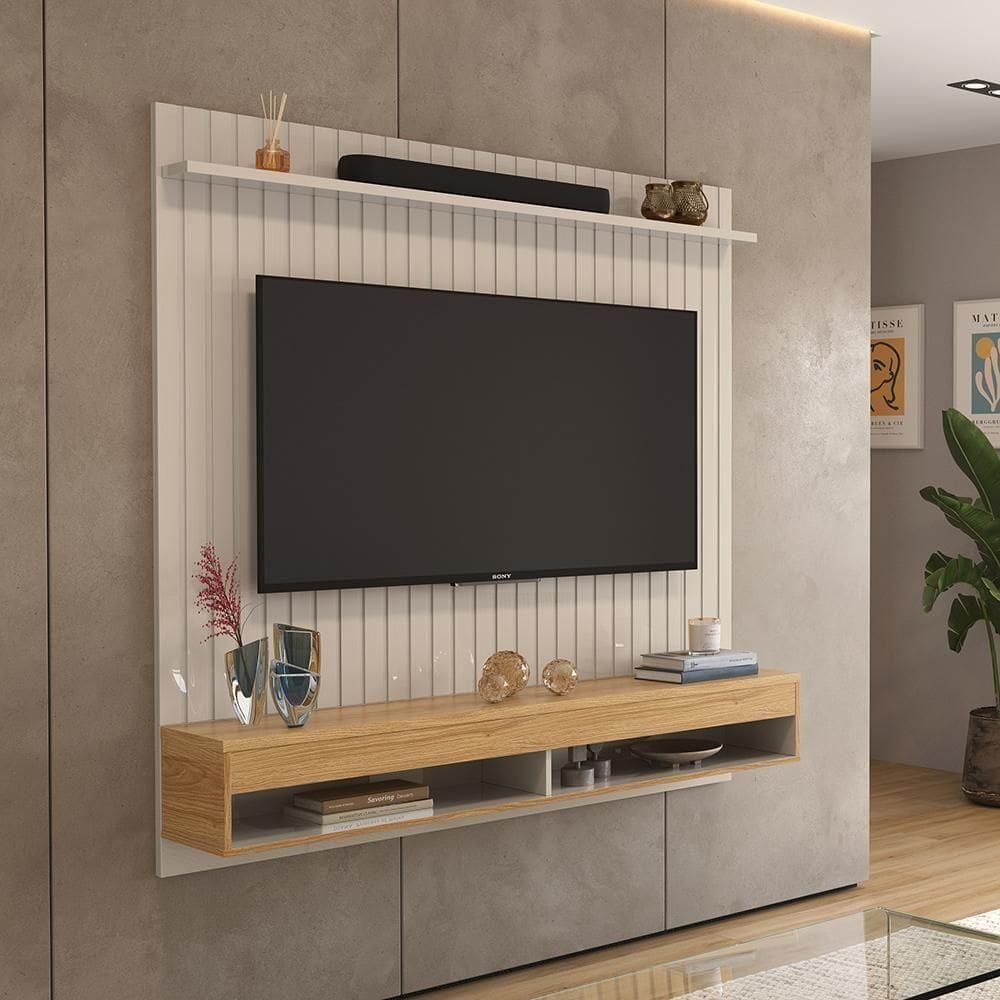 Painel Para Detroit - 1 Prateleira E Nicho Suspenso Off White-freijó - Lukaliam Móveis