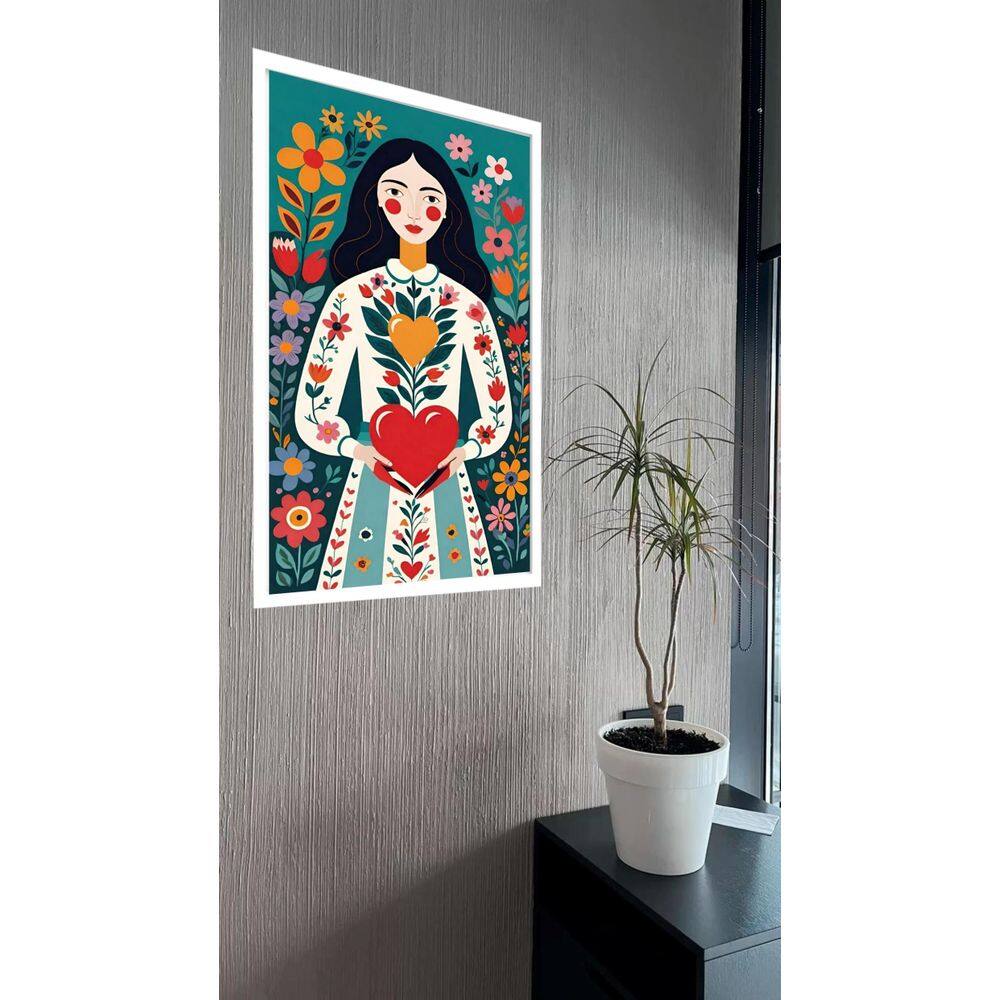 Quadro Decorativo Art Folk Mulher Flores Coração - 70X50Cm