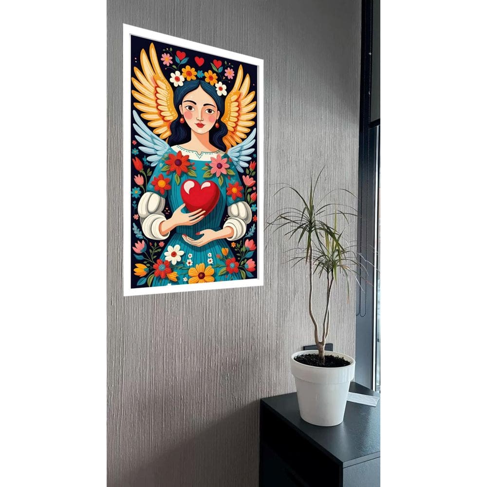 Quadro Decorativo Art Folk Mulher Asas Coração - 70X50Cm
