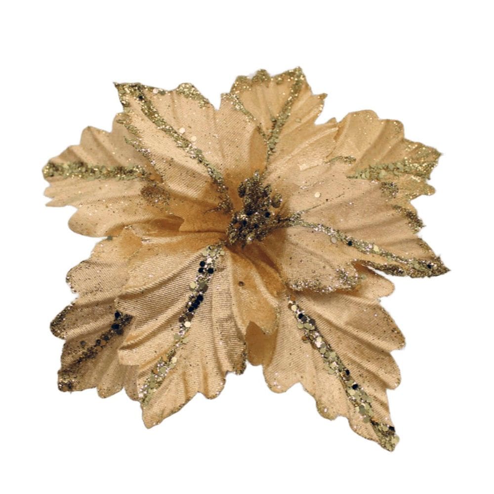 Flor Artificial Madeira Com Glitter Dourado Natal 25cm