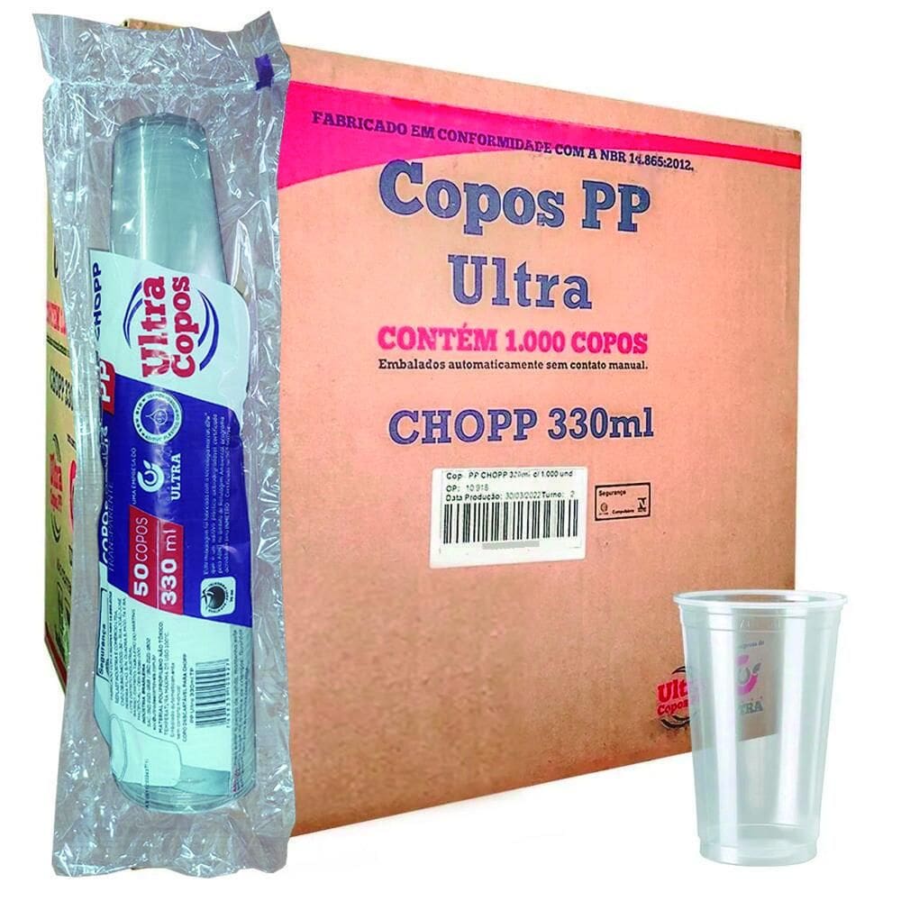 Copo Chopp PP Liso 330ml Transp. - Caixa 1000 Und.