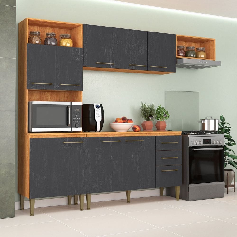 Cozinha Compacta 2 Peças 198cm X 240cm Malu Cinamomo/Grafite