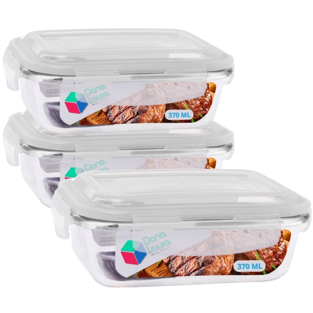 Kit 3 Potes Vidro Retangular Tampa Com Travas 640ml Transparente