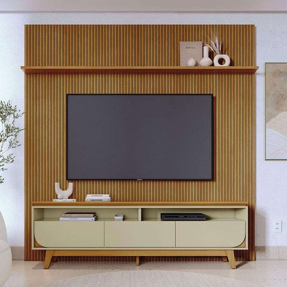 Painel Piso Teto New Guaporé com Rack Bancada Selene New Luna Ambiente Cumaru Opala - Madetec