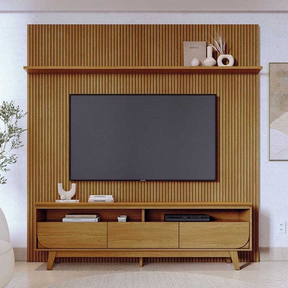 Painel Piso Teto New Guaporé com Rack Bancada Selene New Luna Ambiente Cumaru - Madetec