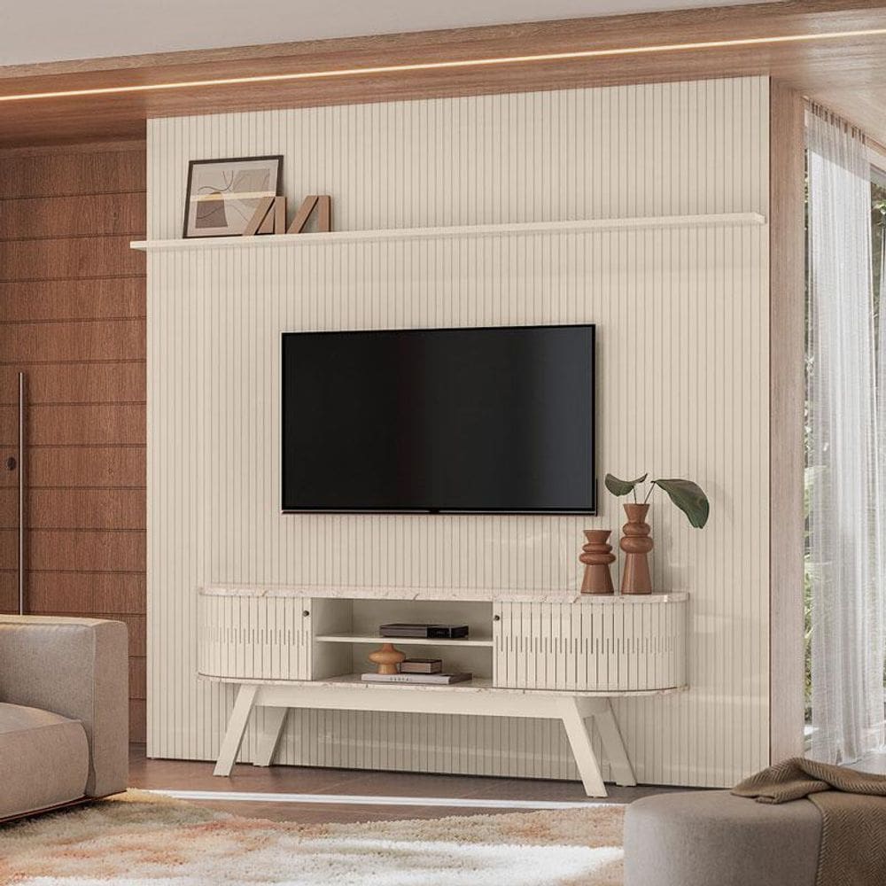Painel Piso Teto New Guaporé com Rack Bancada Valência New Laguna Ambiente Calacata Off White - Madetec