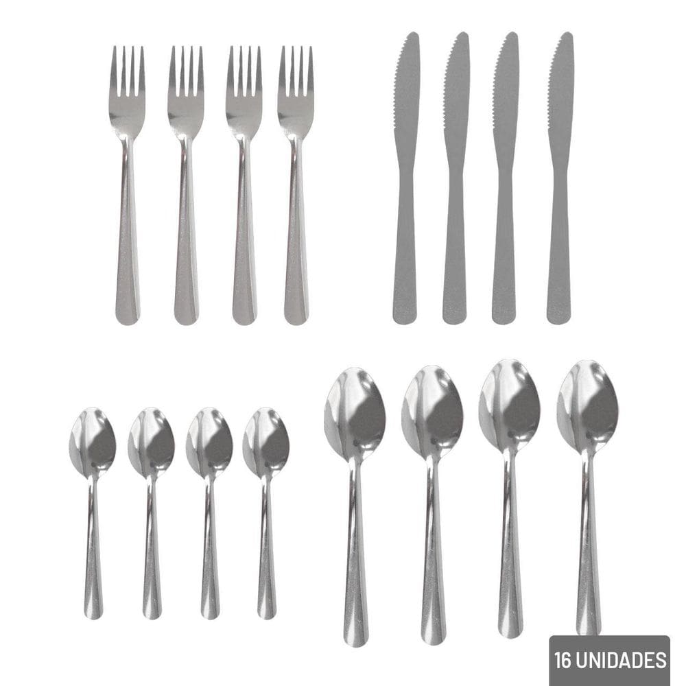 KIT Talher Inox 16 Peças de Mesa Prata - Tudo em Caixa