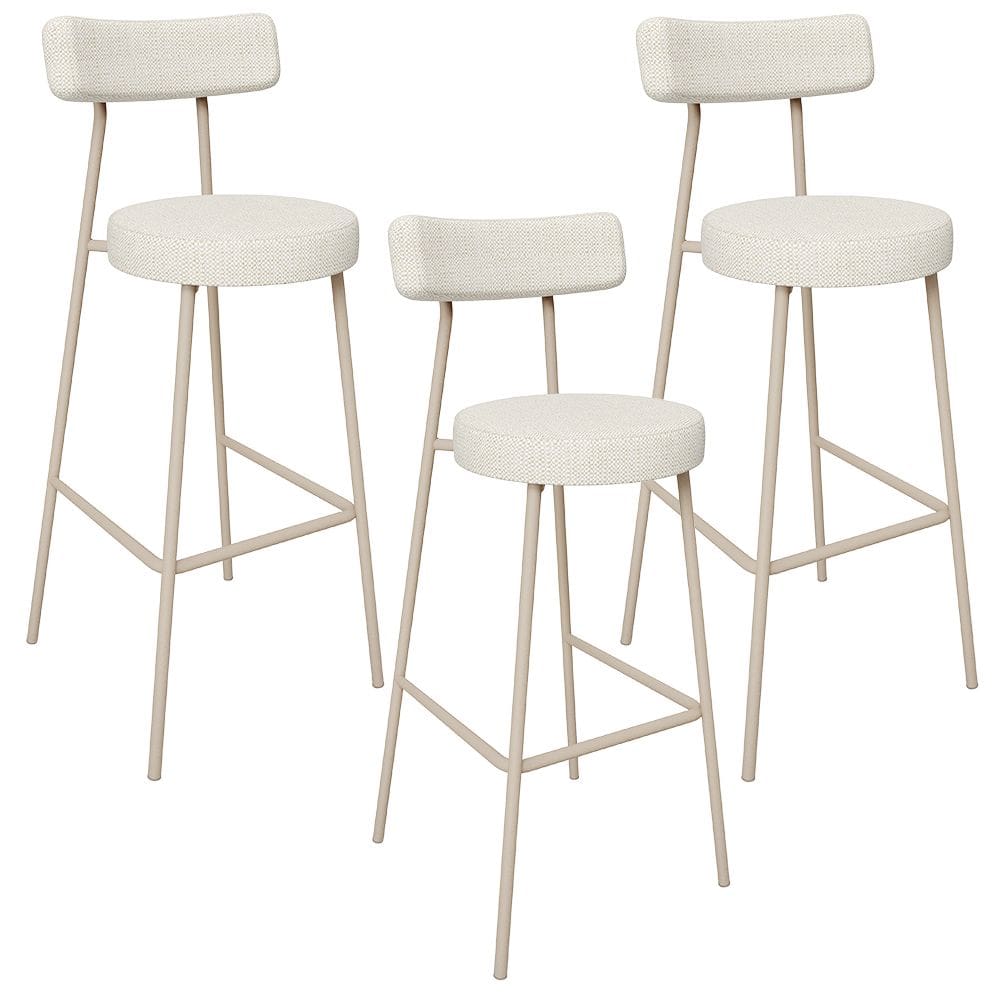 Kit 03 Banquetas Alta Bar Cozinha Sala de Jantar Aço Milão Arena L02 Linho Champagne - Lyam Decor