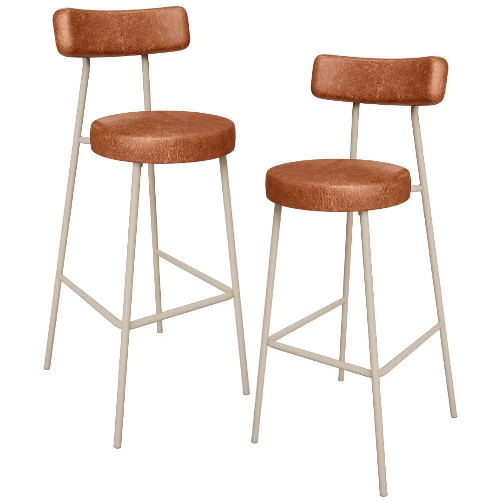 Kit 02 Banquetas Alta Bar Cozinha Sala de Jantar Aço Milão Arena L02 Couríssimo Camel - Lyam Decor