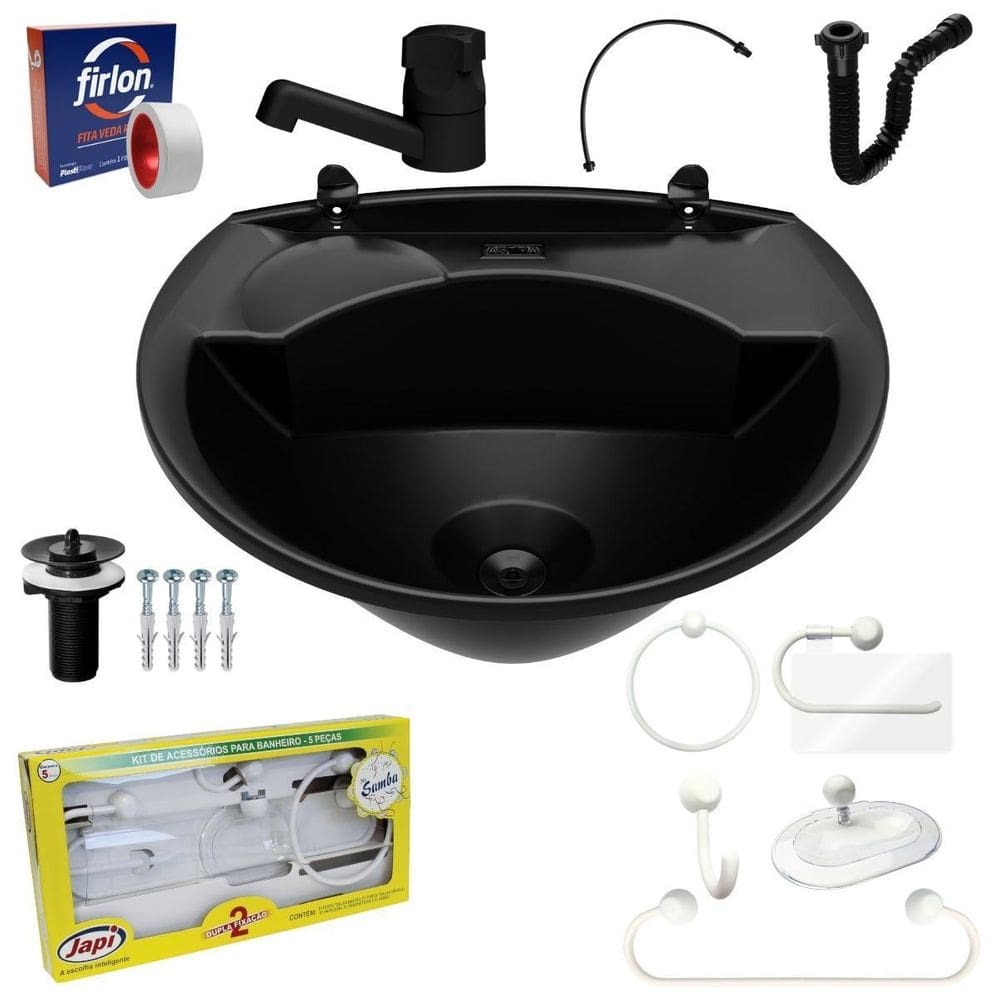 Pia Lavatório Banheiro Plástico 4L Preta + Kit Banheiro
