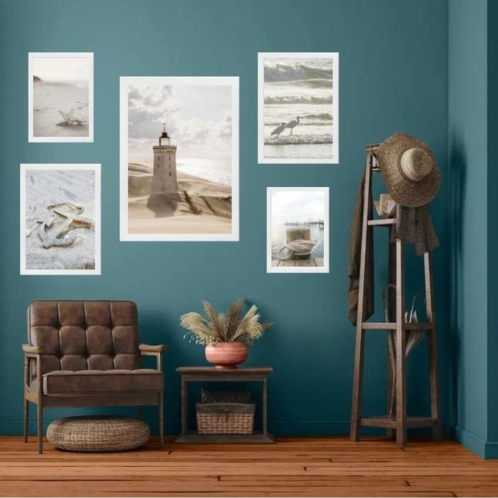 Kit 5 Quadros Praia Soft - Farol - Com Vidro