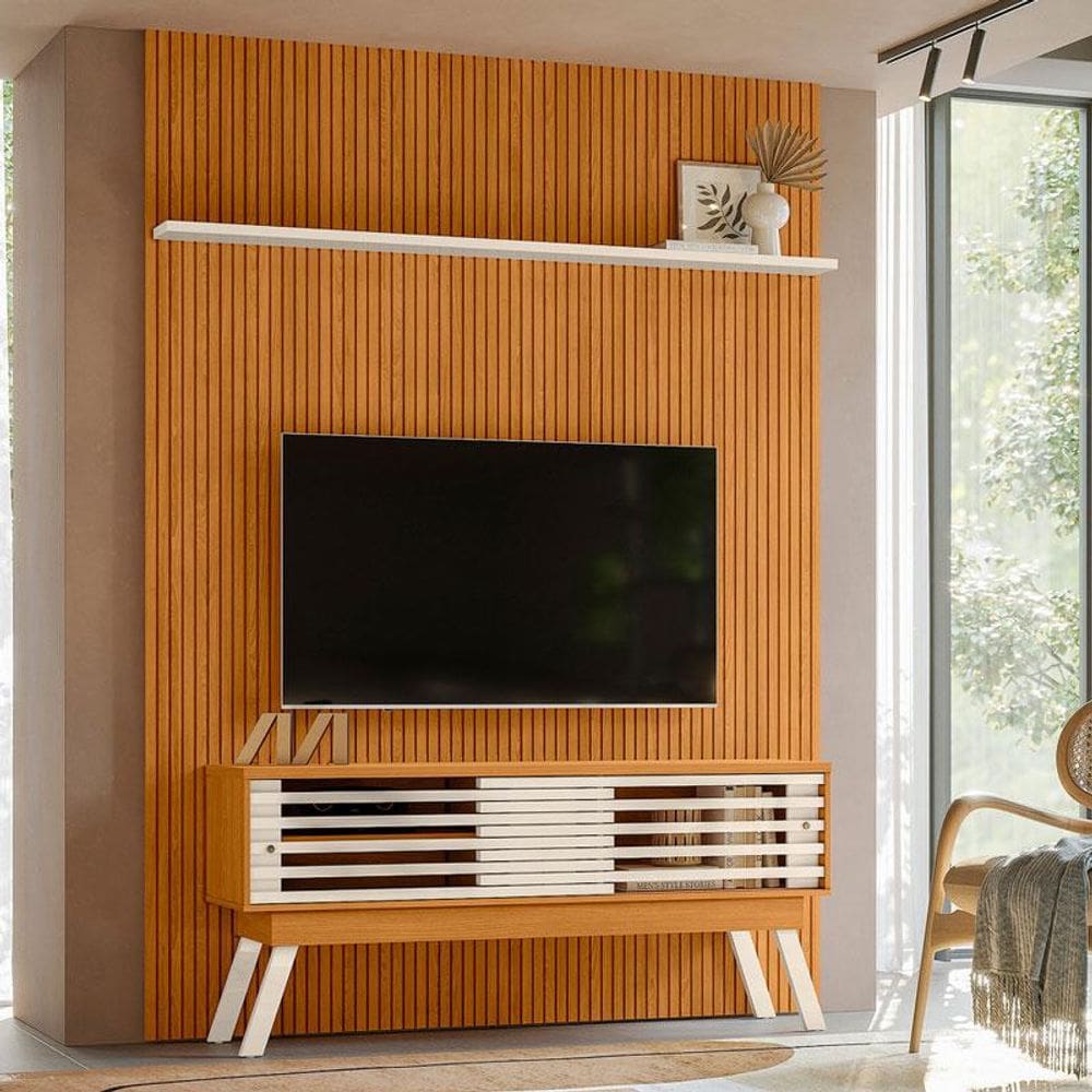 Painel Piso Teto New Interlagos com Rack Bancada Frizz 1.5 New Premium Ambiente Cinamomo Off White - Madetec