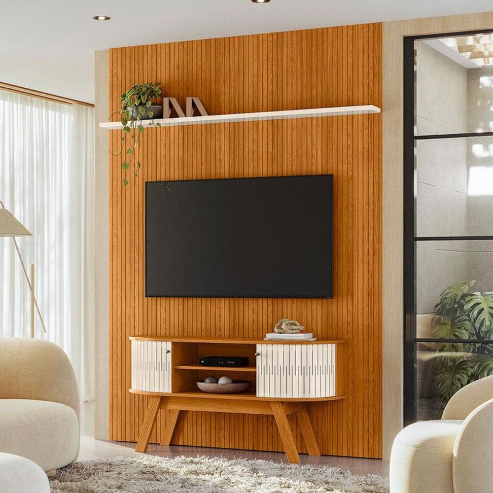 Painel Piso Teto New Interlagos com Rack Bancada Atlanta New Silverstone Ambiente Cinamomo Off White- Madetec