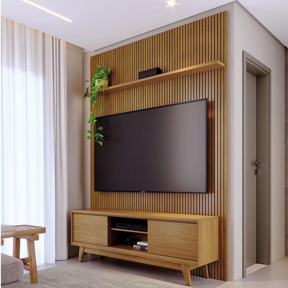 Painel Piso Teto New Interlagos com Rack Bancada Atlas New Milo Ambiente Cumaru - Madetec