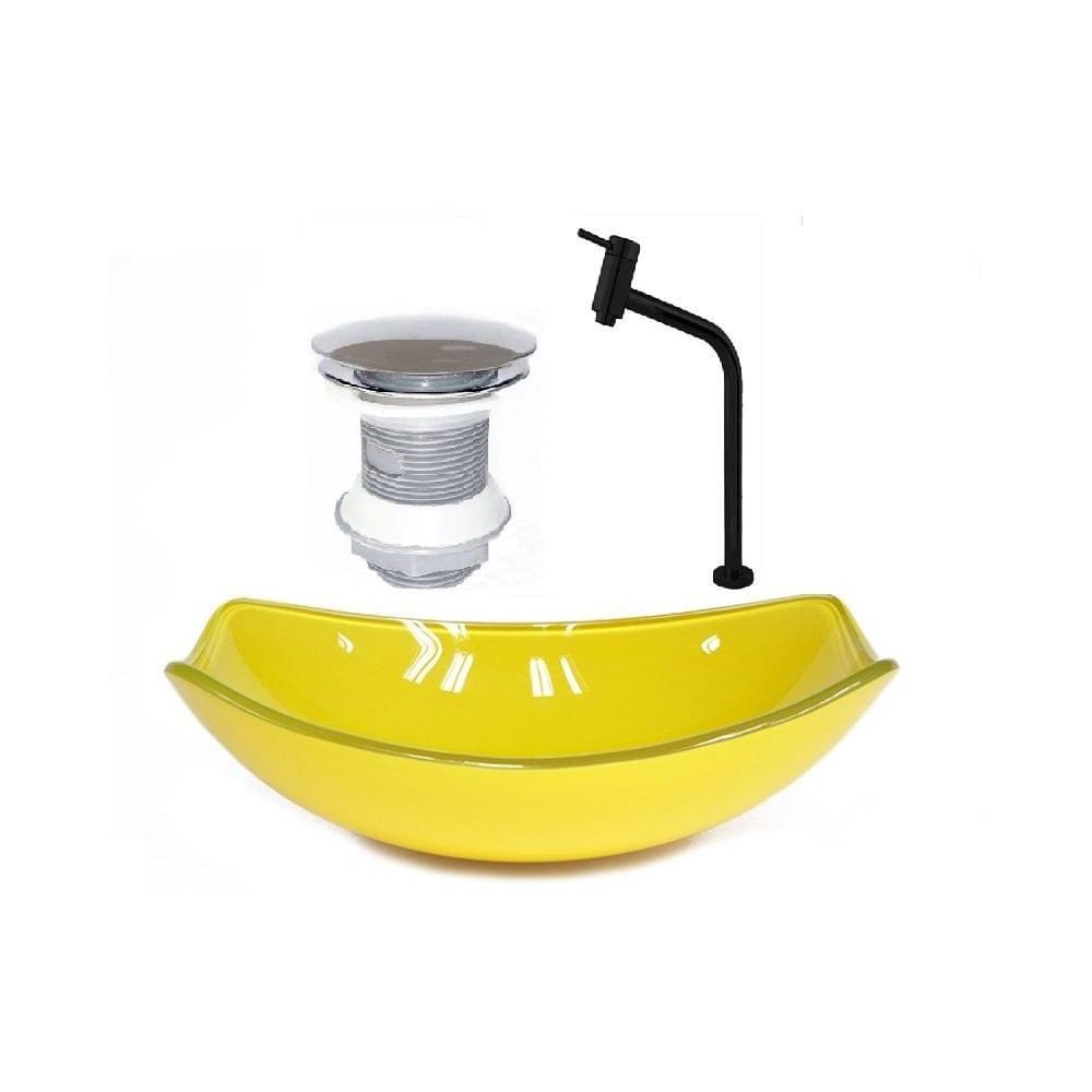Cuba Oval 46Cm Amarela + Valvula + Torneira Metal Preta