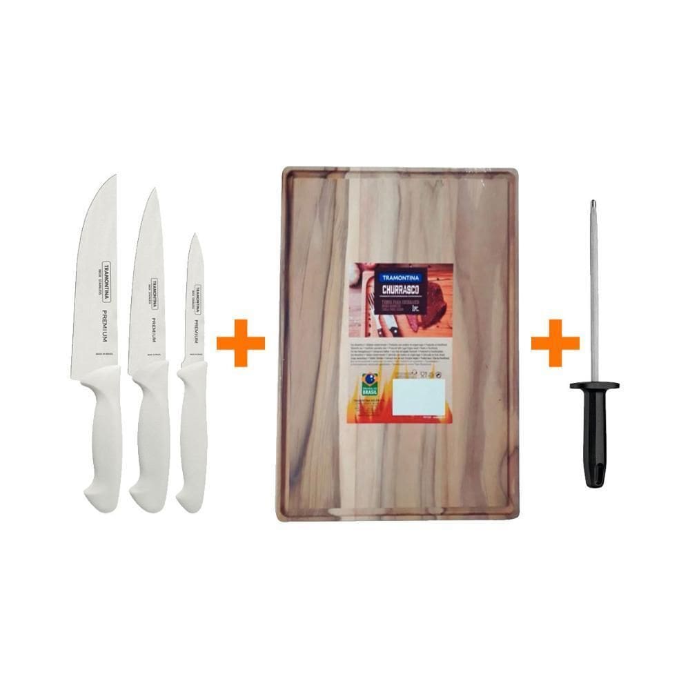 Faqueiro Premium 3 Peças + Tábua 40X28 + Chaira 8 Tramontina