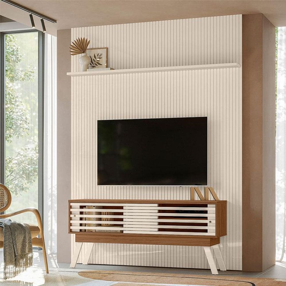Painel Piso Teto New Interlagos com Rack Bancada Frizz 1.5 New Premium Ambiente Naturale Off White- Madetec