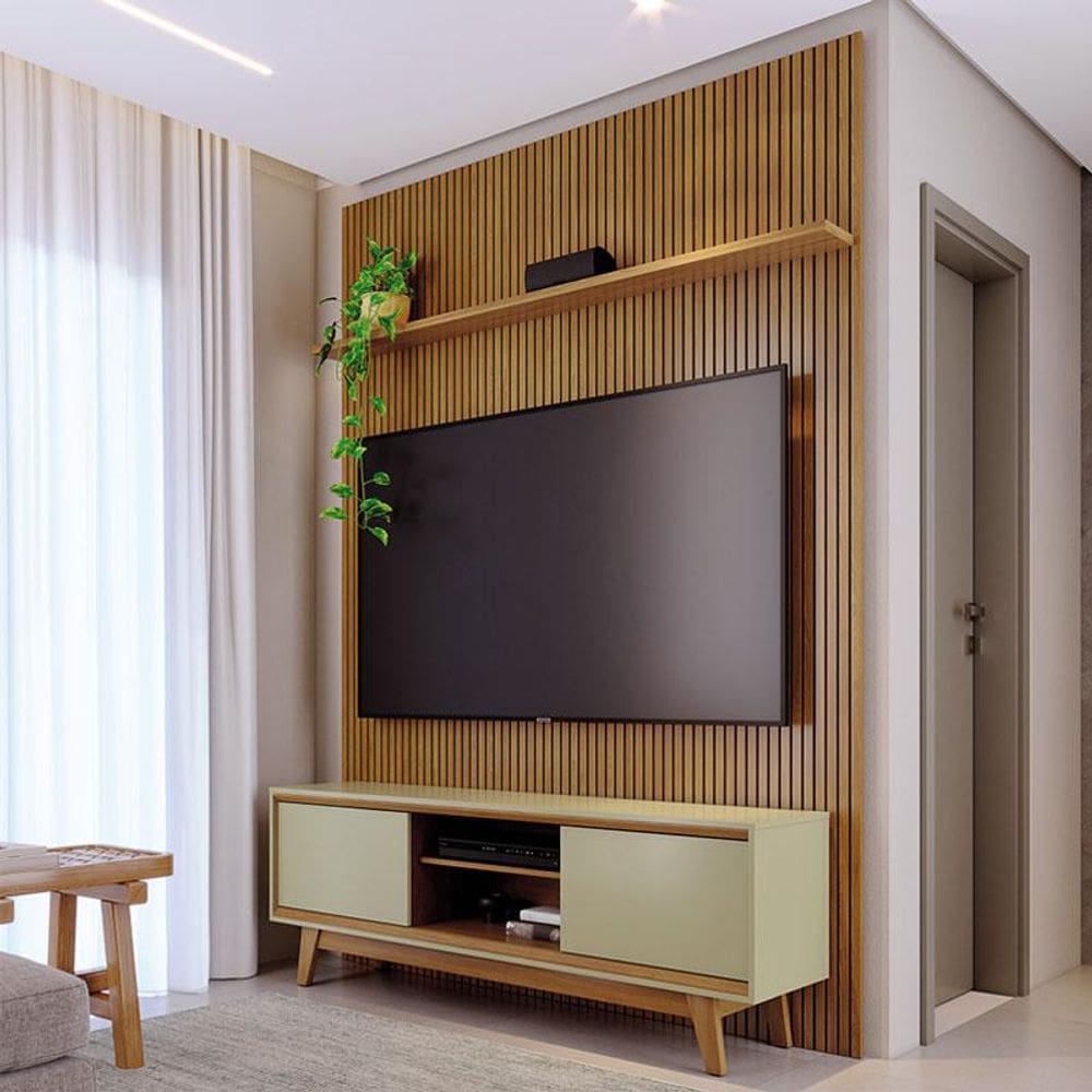 Painel Piso Teto New Interlagos com Rack Bancada Atlas New Milo Ambiente Cumaru Opala - Madetec