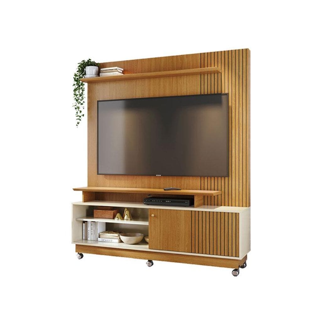 Estante Home Theater Ares Cinamomo Off White com Rodízios - Madetec