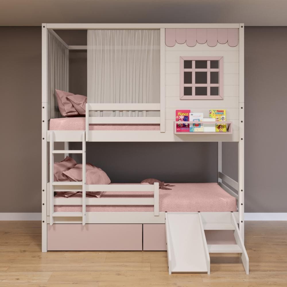 Beliche Casinha Reta 02 Gavetas Rosa Grade Removível Escorregador e Cortina Madeira Maciça Branco/ Rosa Housin