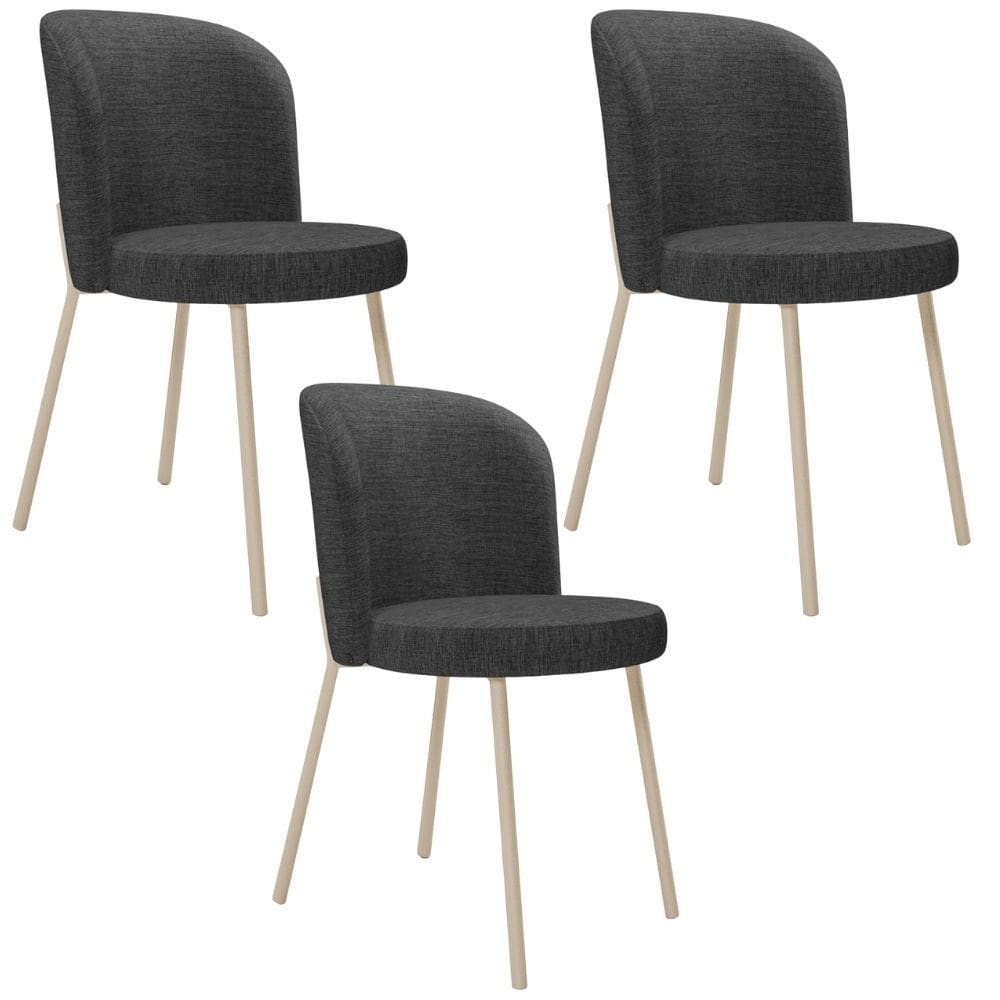 Kit 3 Cadeiras Sala de Jantar Estofada Gavi Arena L02 Linho Cinza Escuro - Lyam Decor