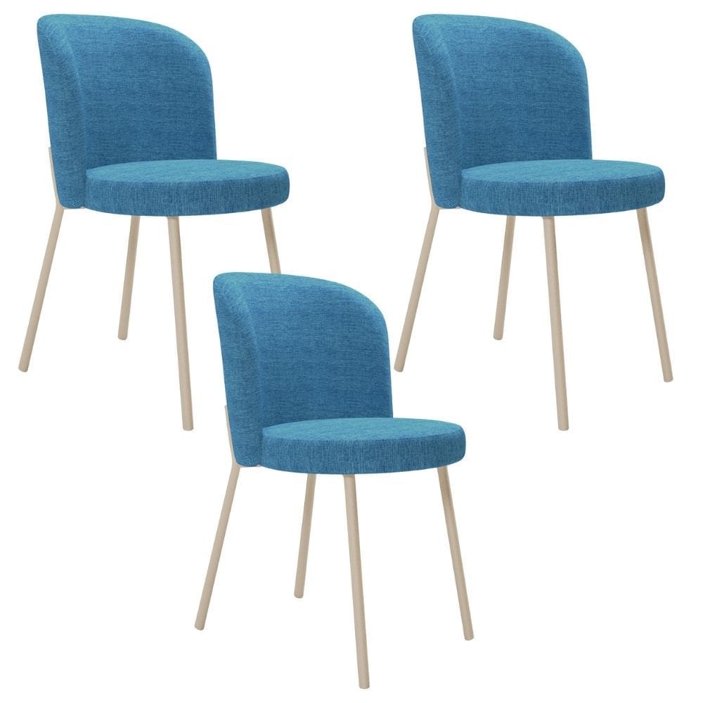 Kit 3 Cadeiras Para Sala de Jantar Cozinha Estofada Gavi Arena L02 Linho Azul - Lyam Decor