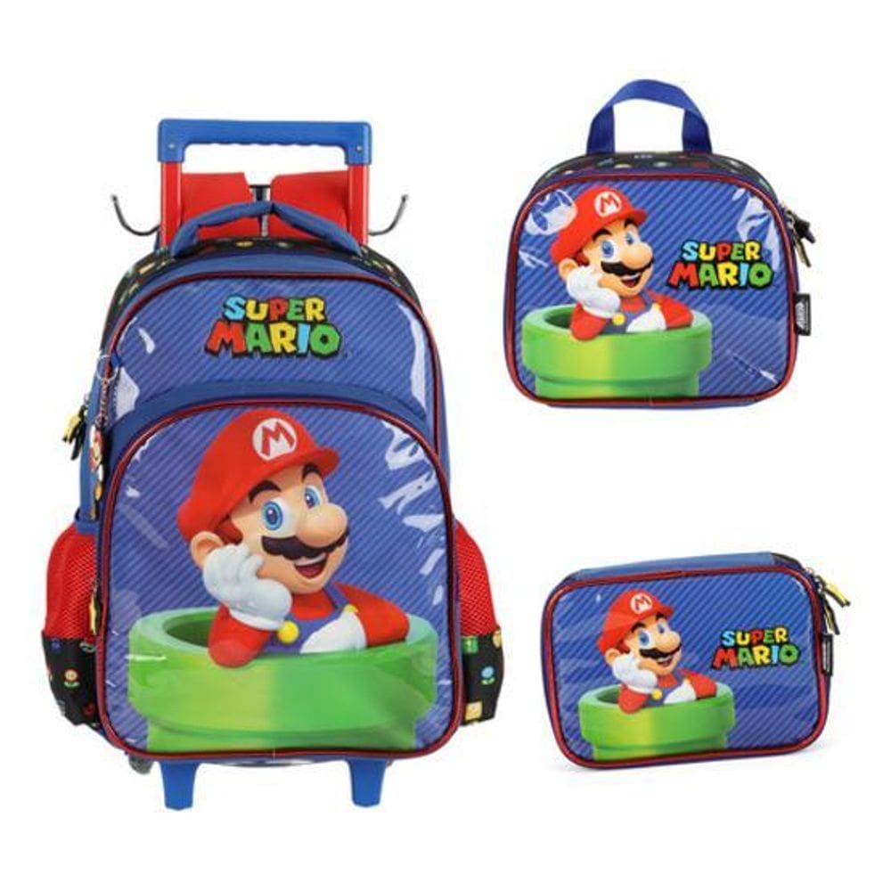 Kit Mochila Carrinho Lancheira Estojo  Super Mario