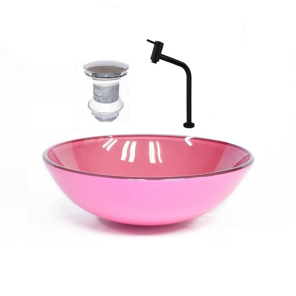 Cuba De Vidro Redonda 35Cm Rosa + Valvula + Torneira Preta