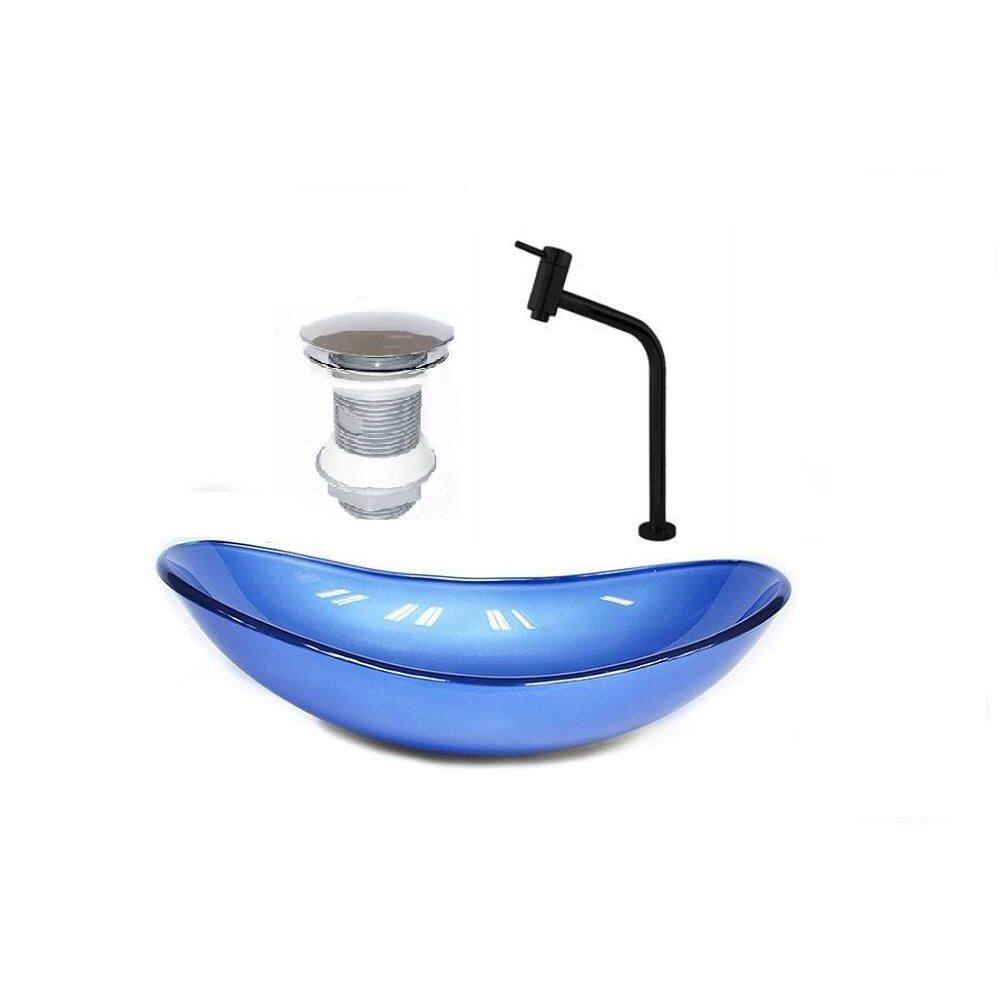 Cuba Vidro Oval 55Cm Azul Escuro + Valvula + Torneira Preta