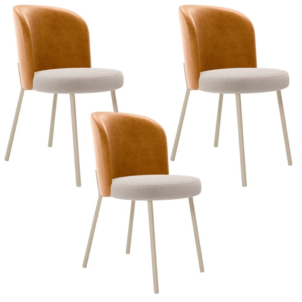 Kit 3 Cadeiras Sala de Jantar Estofada Gavi Arena L02 Couríssimo Whisky Bouclê Creme - Lyam Decor