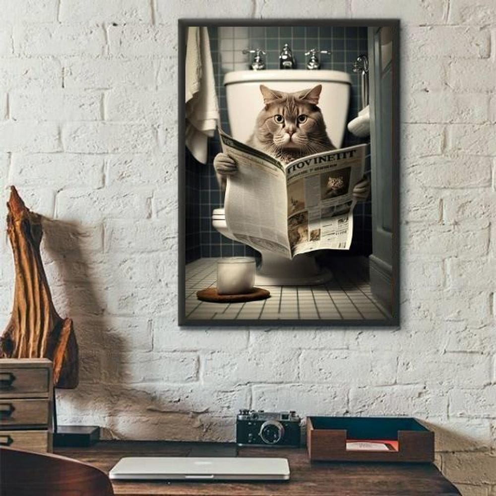 Quadro Decorativo De Banheiro Gato No Vaso 33X24Cm - Vidro