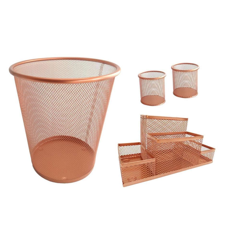 Kit Organizador, Porta Caneta E Lixeira Rose Gold Escritório