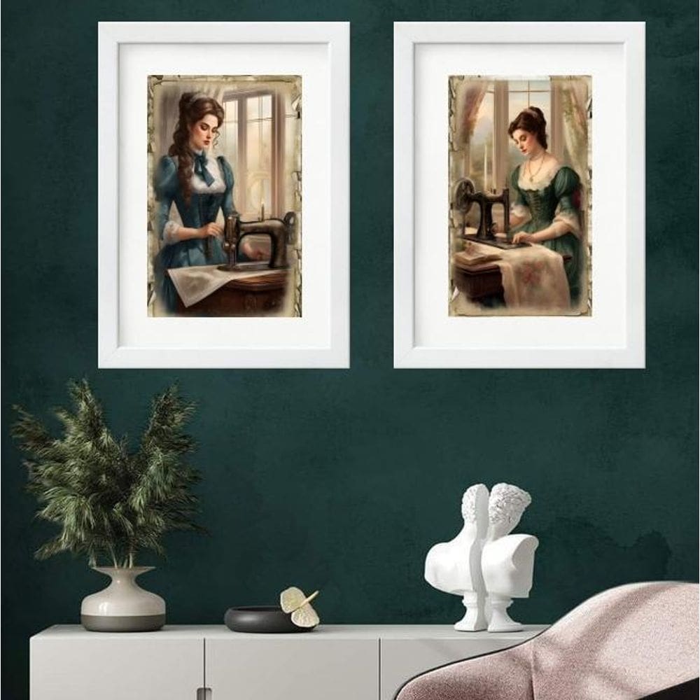 Kit 2 Quadros Costureiras Vintage - 60X48Cm