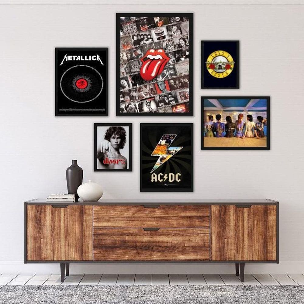Kit 6 Quadros Rock Bandas - Madeira Preta