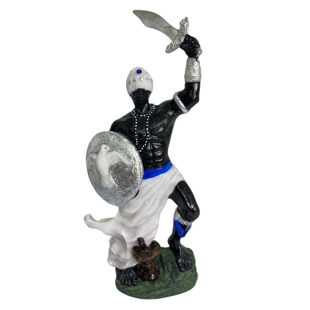 Escultura De Orixá Oxaguiã Azul E Branco 19 Cm Em Resina